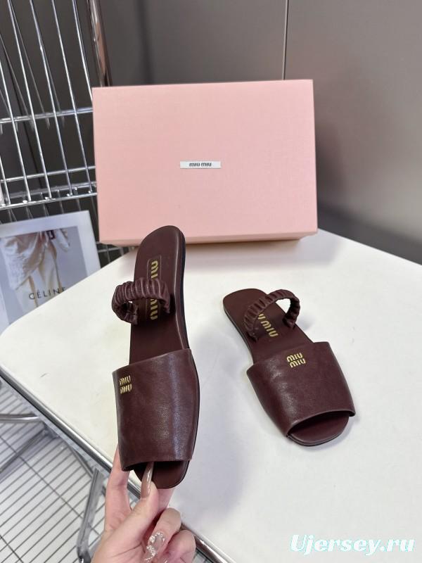 2025 Slippers Miu Miu Brown Leather Slippers LY00