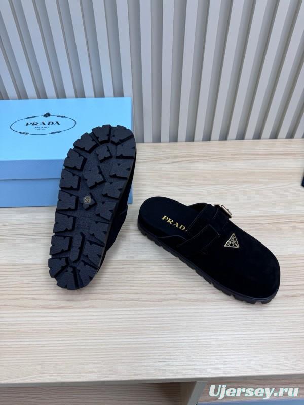 2025 Slippers Prada Black Suede Slippers LY00280