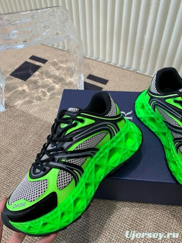2024 Unisex Dior Green Black Leather Mesh Sneakers MJ00400