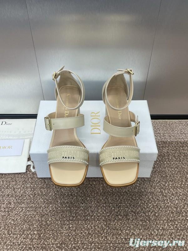 2025 Women Dior Beige Leather Sandals Ankle Strap KFY00320