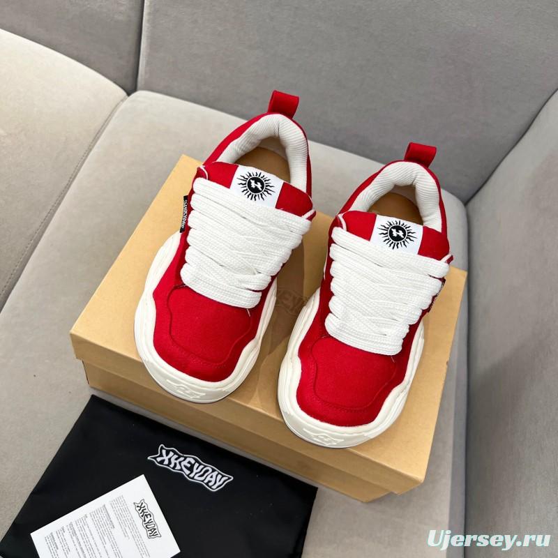 2025 Women HEYDAY Red White Canvas Leather Wave Sneakers