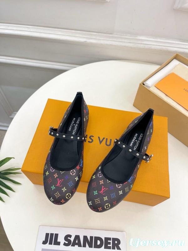 2025 Women Louis Vuitton Rainbow Monogram Leather Ballet Flats Custom MJ00300