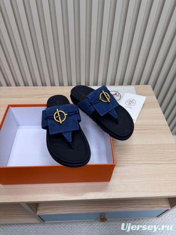 2025 Slippers Hermès Blue Leather Slippers