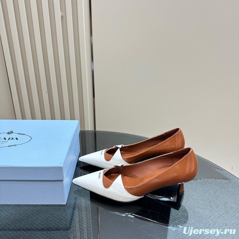 2025 Women Prada White Brown Leather Heels KFY00310
