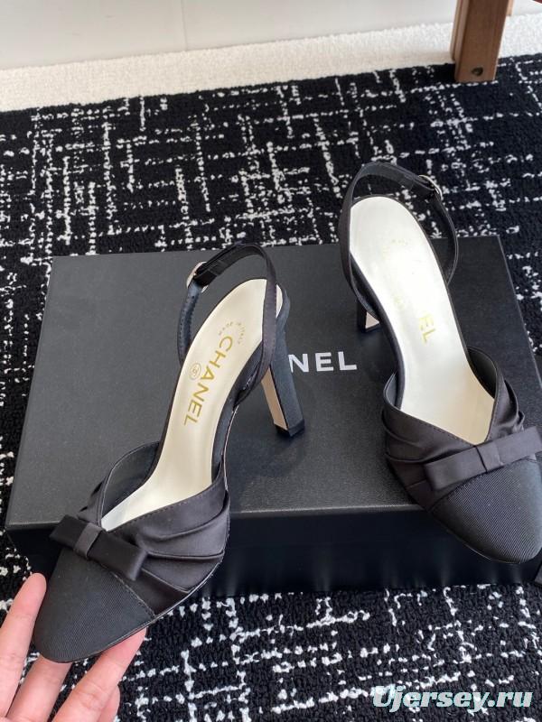 2025 Women Chanel Black Satin Leather High Heels Bow Slingback KFY00289