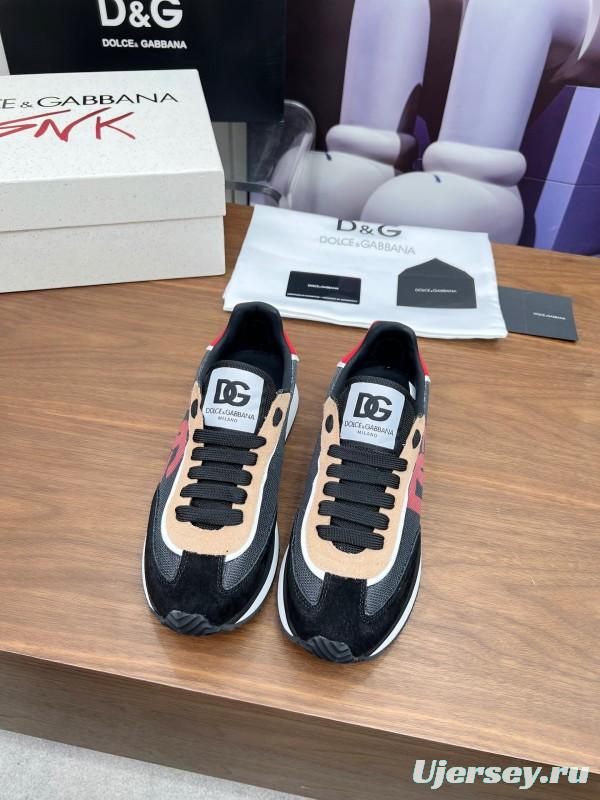 2025 Unisex Dolce & Gabbana Black Brown Red PU Leather Mesh Casual Sneakers LY00300