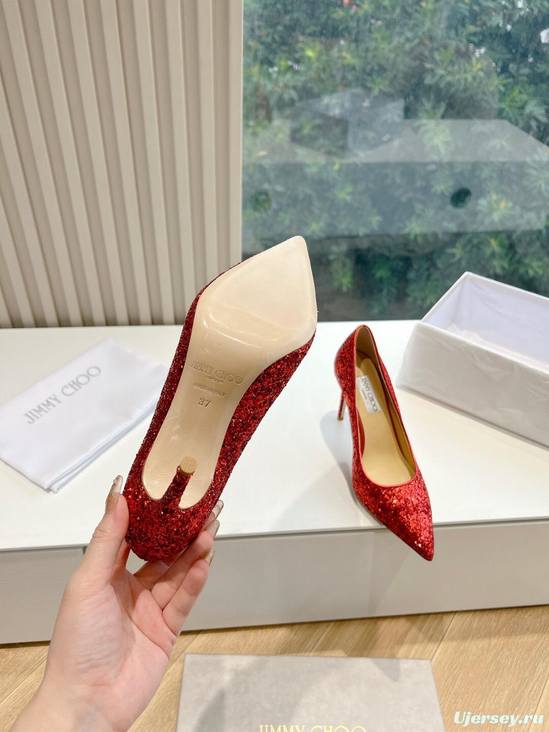 2025 Women Jimmy Choo Red Glitter Leather Pumps