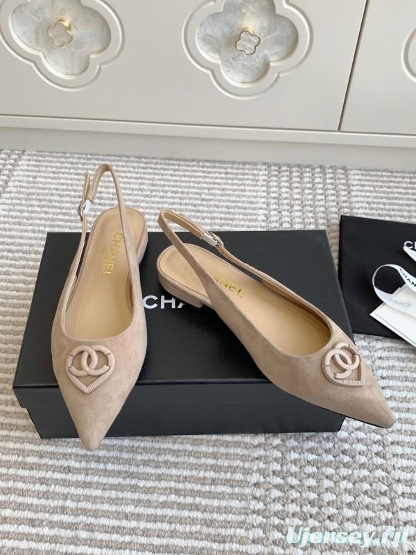 2025 Women Chanel Beige Suede Slingback Heart Logo KFY00300