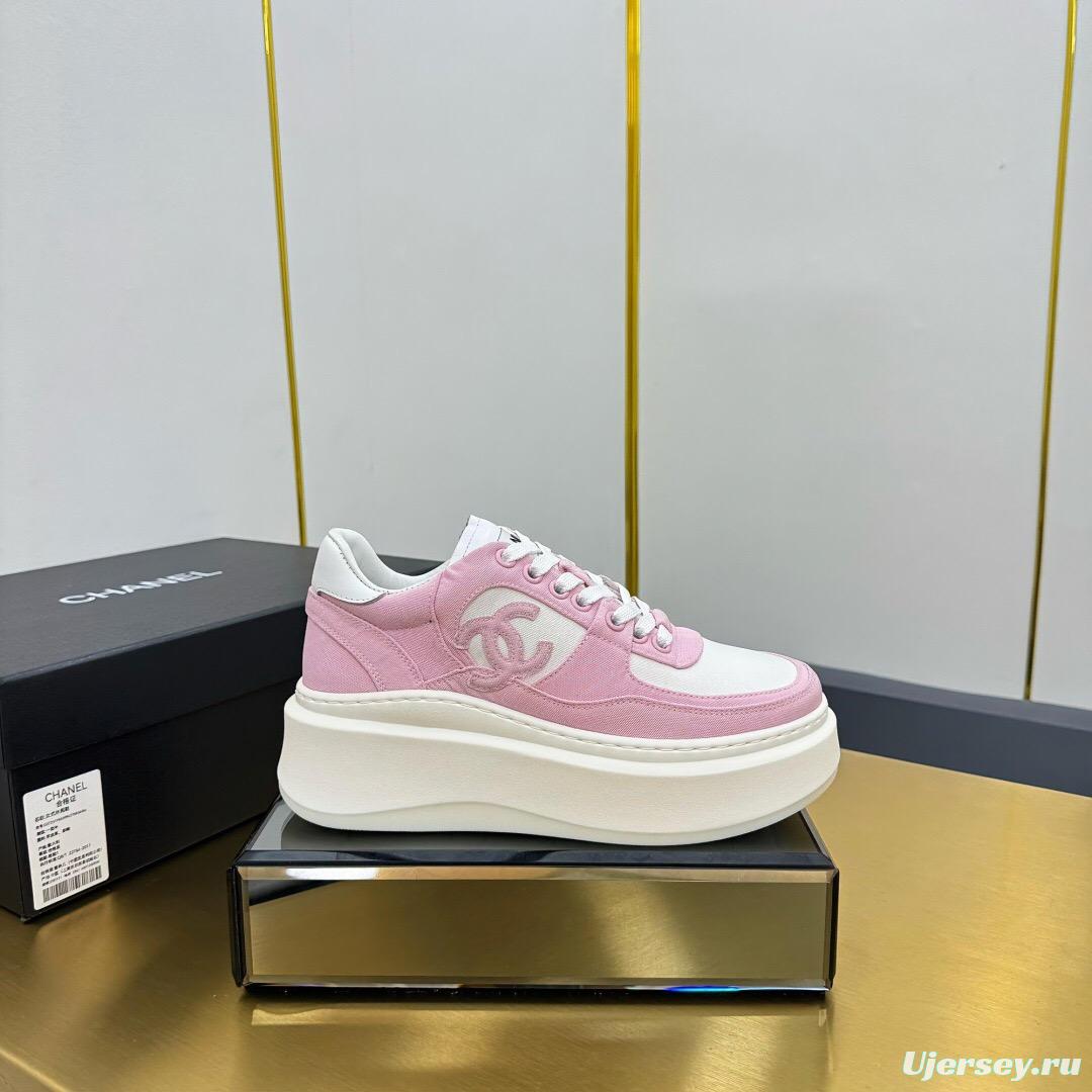 2025 Women Chanel Pink White Leather Suede Platform Sneakers