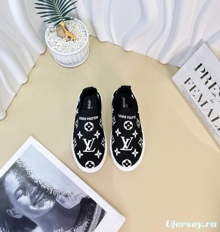 2024 Kids Louis Vuitton White Black Pink Canvas Slip-On Sneakers