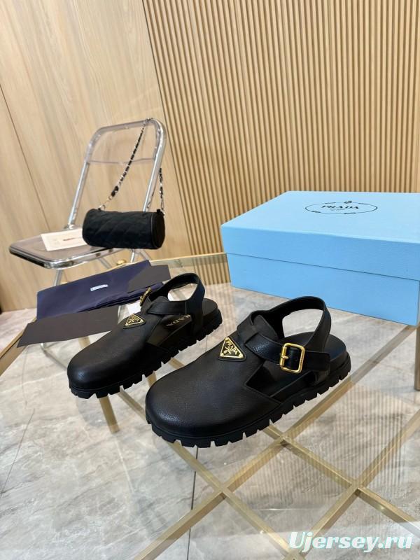 2025 Women Prada Black Leather Sandals LY00280
