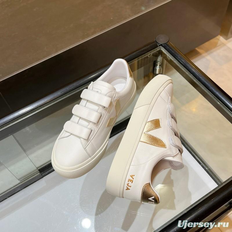 2025 Women VEJA White Gold Leather Strap Sneakers