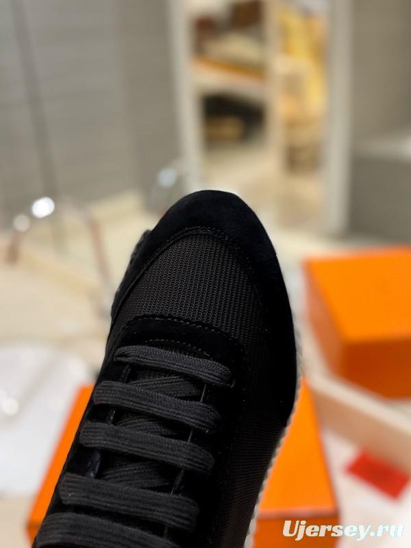 2024 Unisex Hermès Black Imported Silk Glazed Calf Suede Synthetic Fabric Sneakers MJ00320