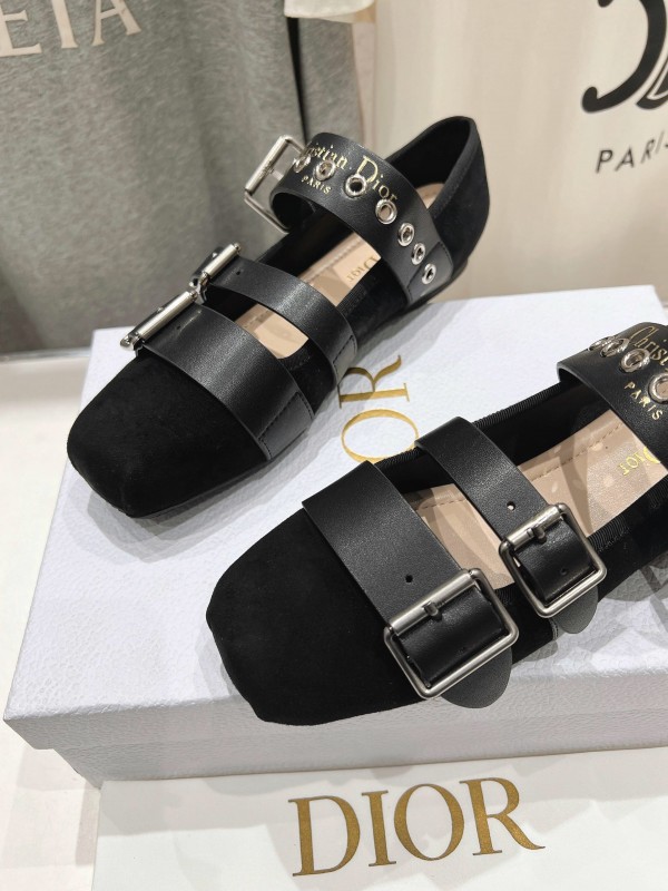 2025 Women Dior Black Leather Suede Mary Jane Buckle KFY00300