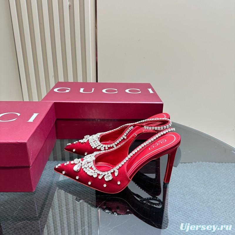 2025 Women Gucci Red Silk Rhinestone Embellished Heels KFY00340