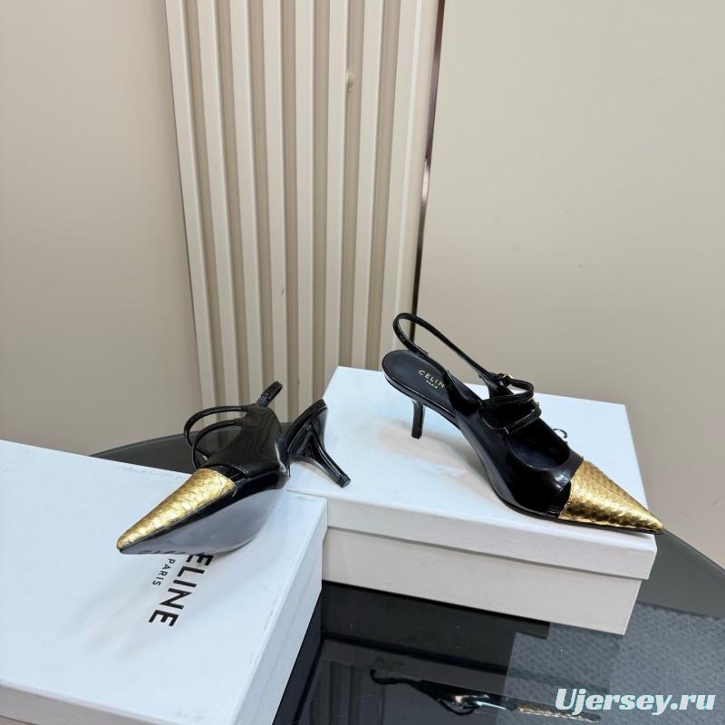 2025 Women CELIN* Black Gold Leather Pointed Toe Slingback Heels