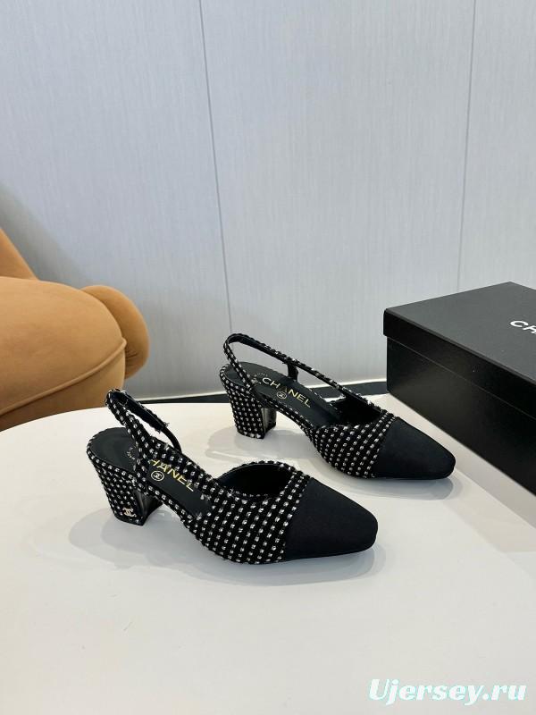 2025 Women Chanel Black White Fabric Slingback Heels LY00240