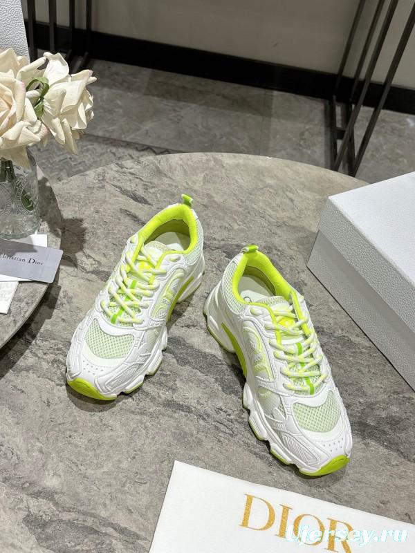 2025 Women Dior White Neon Yellow Mesh Leather Sneakers KFY00370