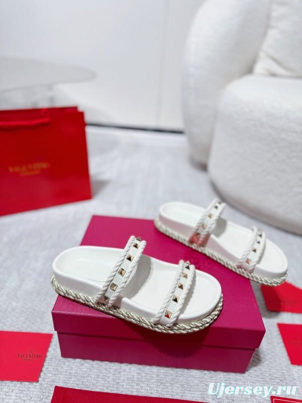 2025 Women Valentino White Leather Sandals Studded LY00250