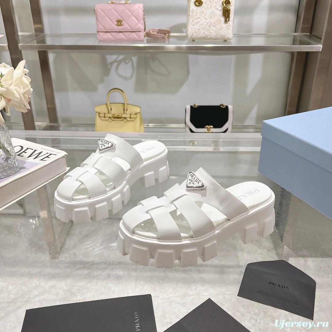2025 Women Prada White Leather Slippers LY00250