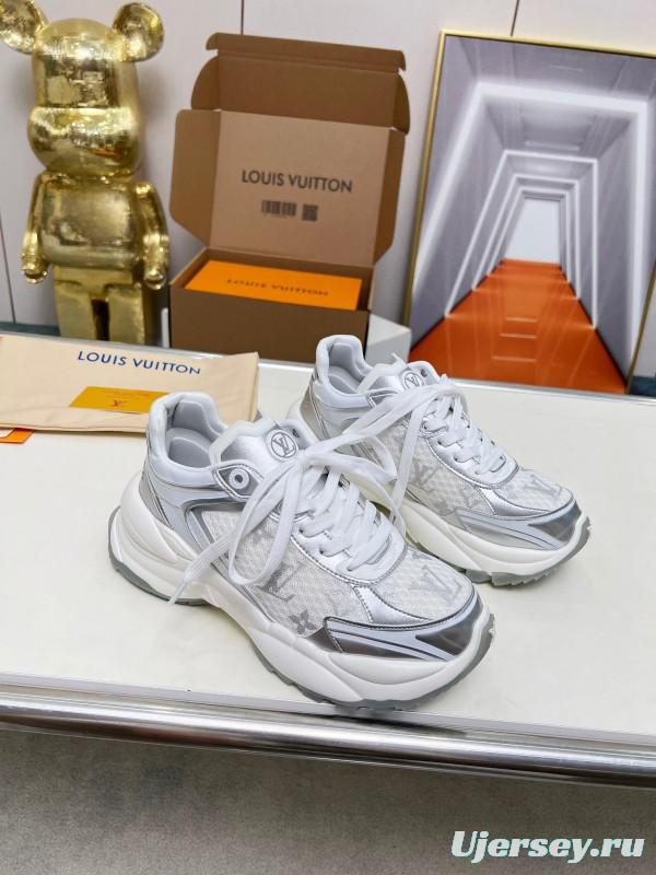 2025 Unisex Louis Vuitton White Grey Mesh Leather Sneakers LY00340