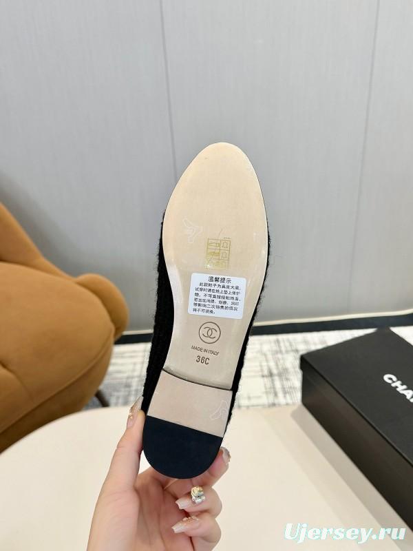 2025 Women Chanel Black Lambskin Tweed Ballet Flats LY00250