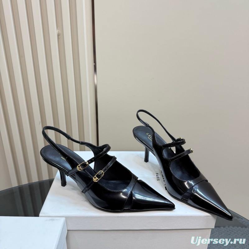2025 Women CELINE Black Patent Leather Pointed Toe Slingback Heels