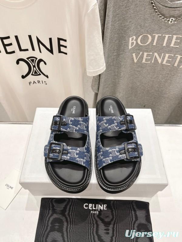 2025/Unisex CELINE Blue Denim Buckled Slide Sandals Stylish Comfort KFY00280