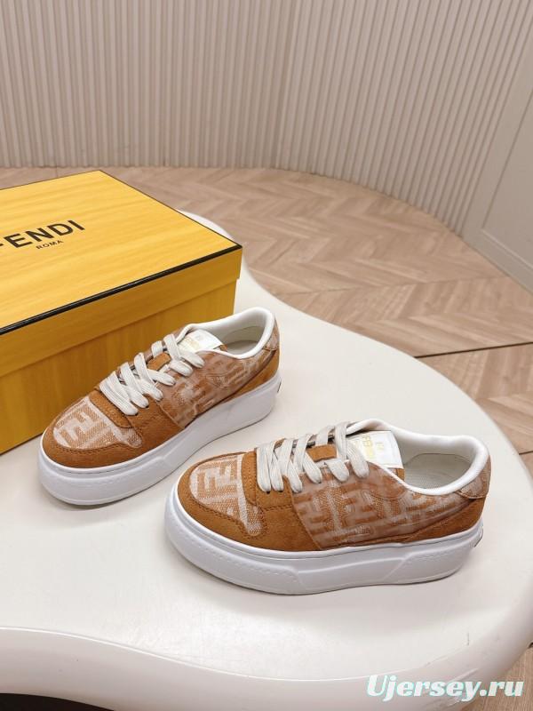 2025 Women Fendi Brown Leather Fabric Sneakers LY00340
