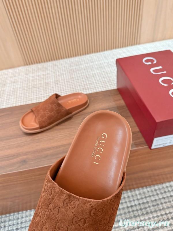 2025 Women Gucci Brown Suede Leather Slippers