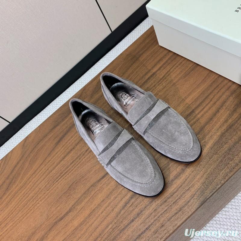 2025 Men Brunello Cucinelli Grey Suede Loafers Handcrafted Leather Sole KFY00300(M)
