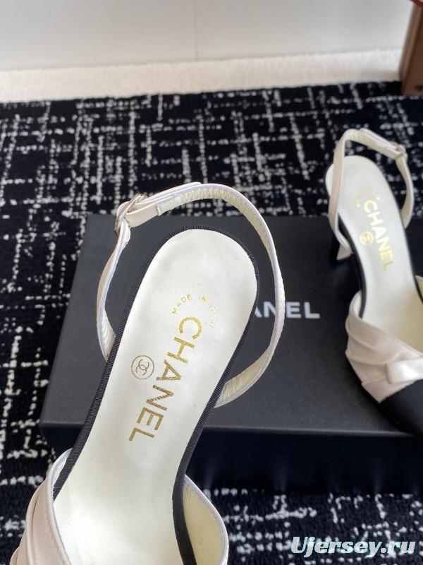 2025 Women Chanel Black White Satin Leather Slingback Heels