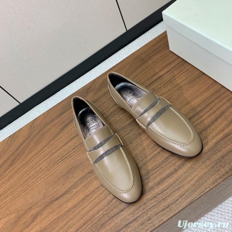 2025/Women Brunello Cucinelli Almond Leather Loafers Handmade Chain Detail LY00360(F)