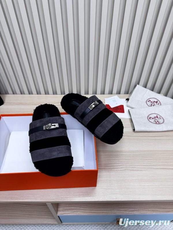 2024 Slippers Hermès Black Grey Shearling Slippers MJ00300