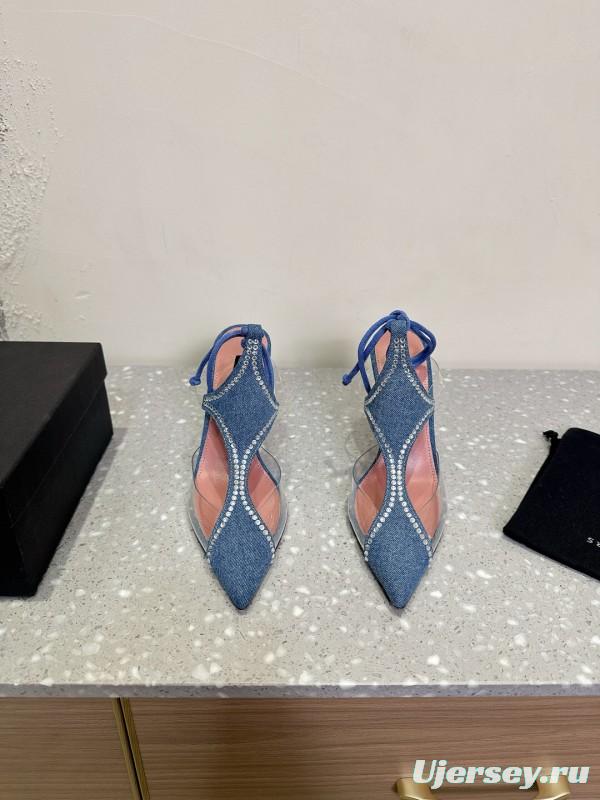 2025 Women Les Petits Joueurs Blue Denim Satin Leather Heels KFY00290