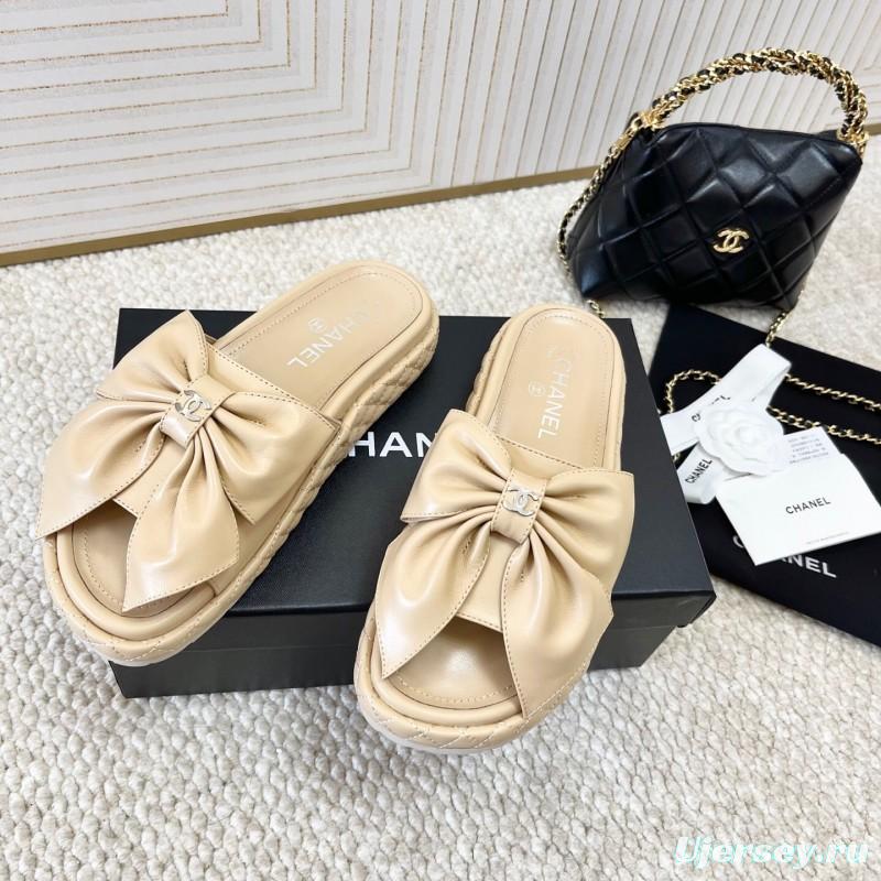 2025 Women Chanel Beige Leather Slippers Bow KFY00310