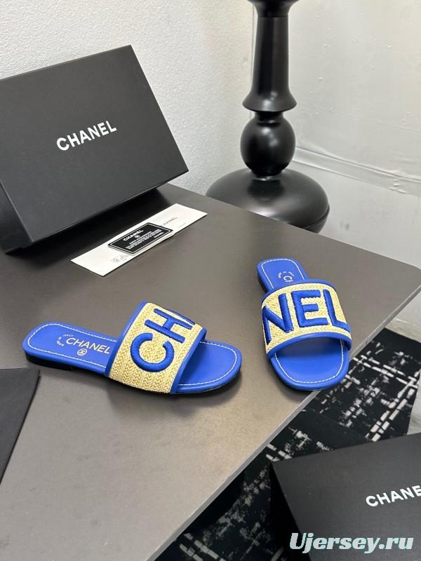 2025 Women CHANEL Blue Beige Canvas Slippers
