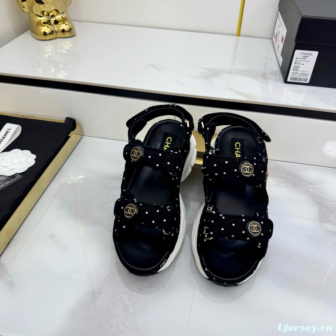 2025 Womens Chanel Black Velvet Sandals Logo Platform LY00330