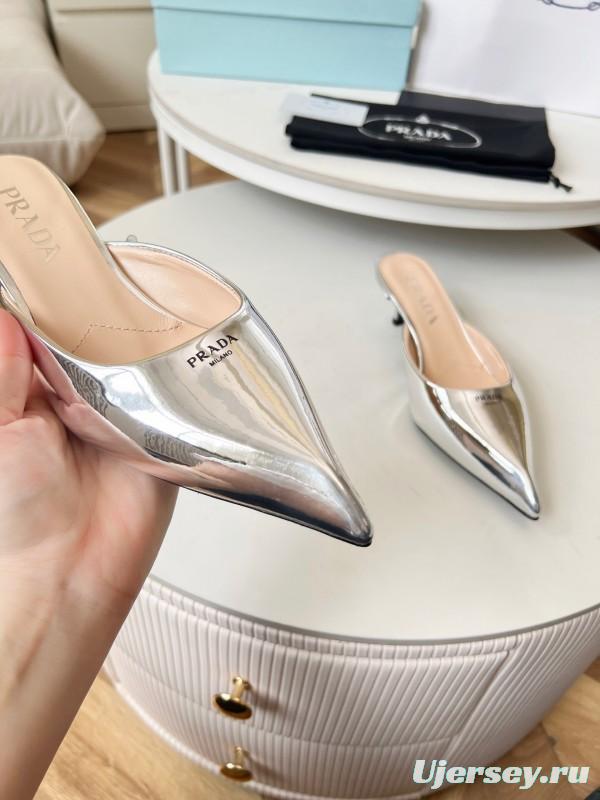 2025 Women Prada Silver Patent Leather Mules