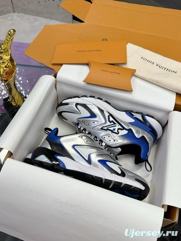 2025 Men Louis Vuitton White Blue Leather Mesh Sneakers MJ00420