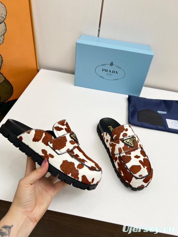 2025 Women Prada Brown White Cowhair Leather Slippers LY00270