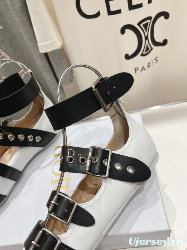2025 Women Dior White Black Leather Mary Jane Buckle Ballerina KFY00320