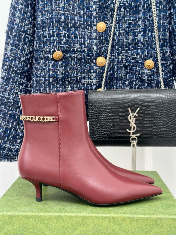 2024 Women Gucci Burgundy Leather Ankle Boots Chain MJ00410
