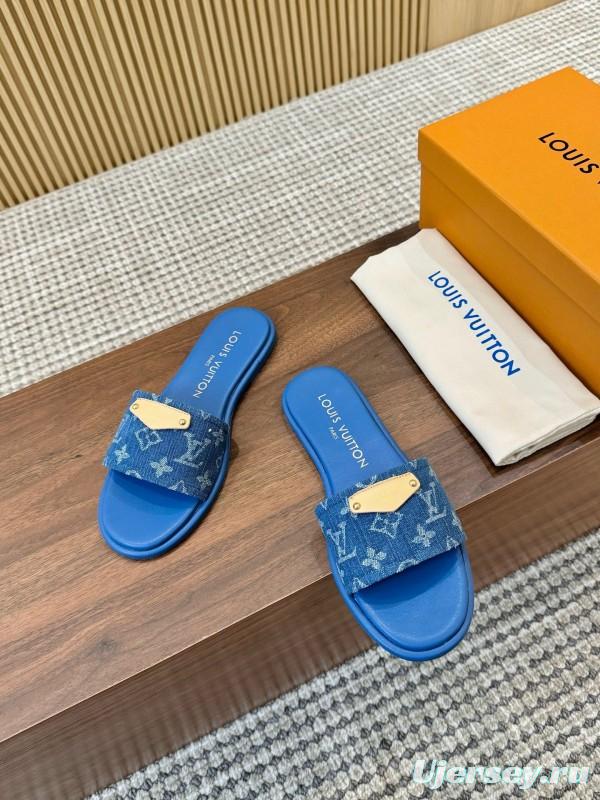 2025 Women Louis Vuitton Blue Denim Leather Slippers LY00200