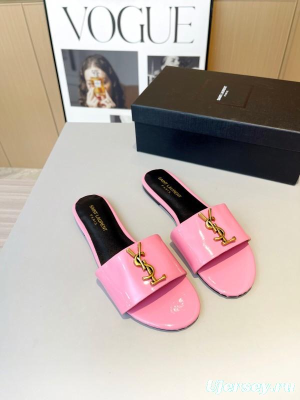 2025 Women Yves Saint Laurent Pink Patent Leather Slippers