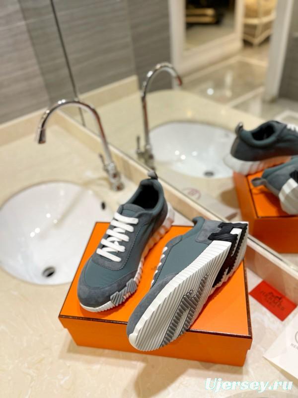 2024 Unisex Hermès Grey Imported Glossy Goat Suede Rain Cloth Sneakers MJ00320