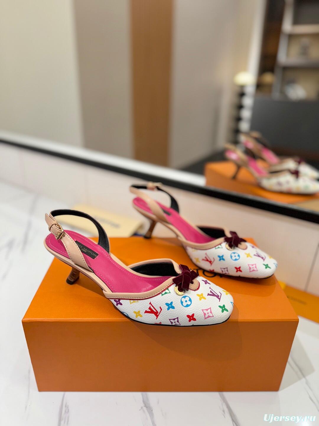 2025 Women Louis Vuitton White Multicolor Canvas Slingback Heels KFY00310