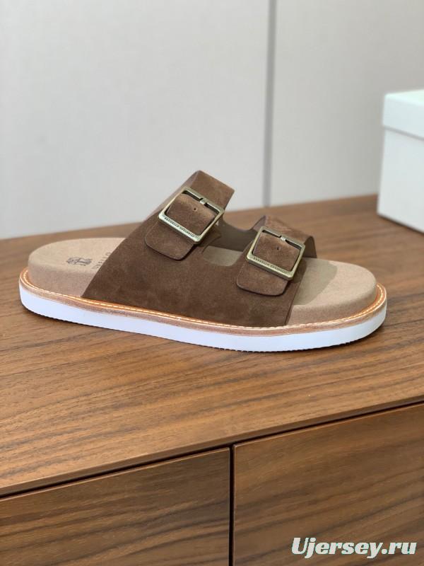 2025 Unisex Brunello Cucinelli Brown Suede Leather Slippers KFY00250