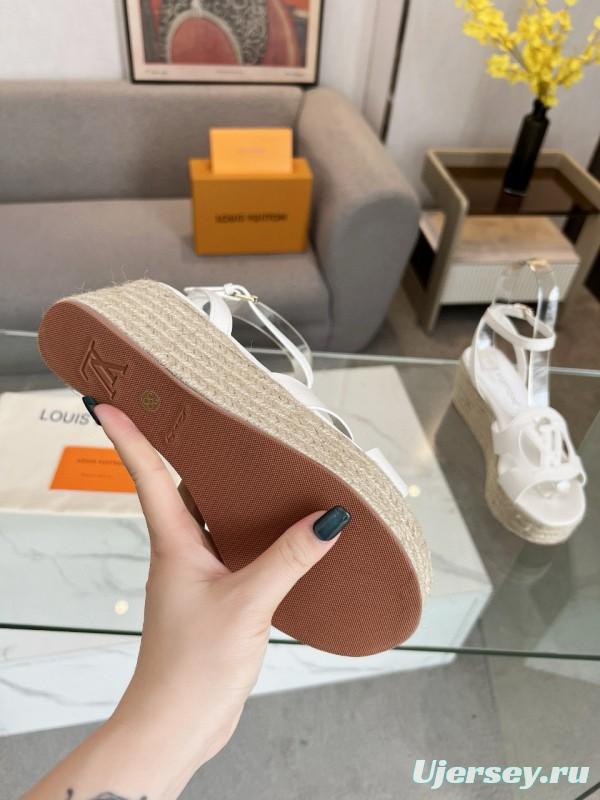 2025 Women Louis Vuitton White Leather Espadrille Wedge Sandals MJ00280