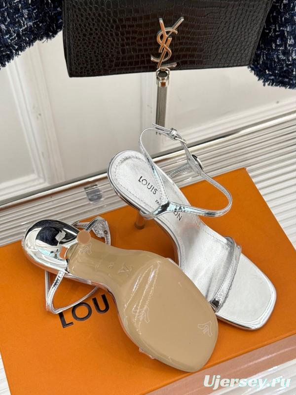 2025 Women Louis Vuitton Silver Calfskin Leather Strappy High Heel Sandals KFY00280